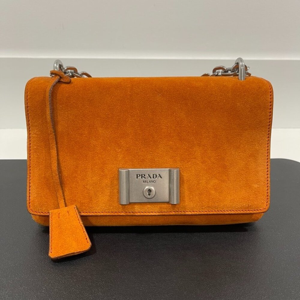 Prada Orange Suede Lock Flap Chain Shoulder Bag (141155)